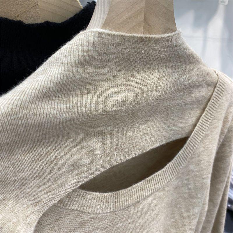 Fashion Hollow Out Half High Neck Knit Women's Long Sleeve Top Slim Fit Sweater