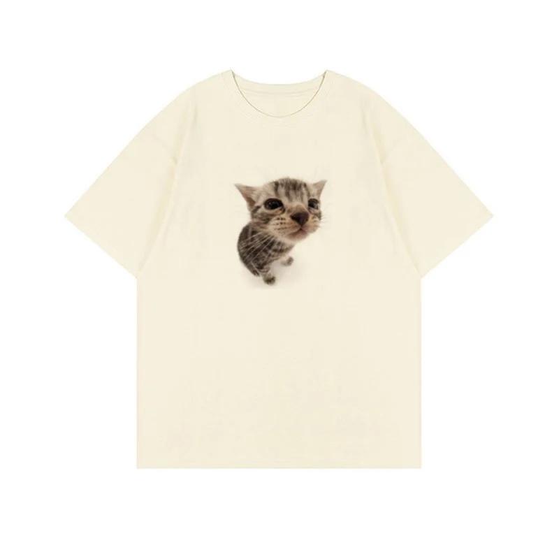 Top Style Noble Cat Love Music T-shirt Cute Cat Print Short Sleeve T-shirt Men's Harajuku Fashion Couple Loose Street Style Y2K