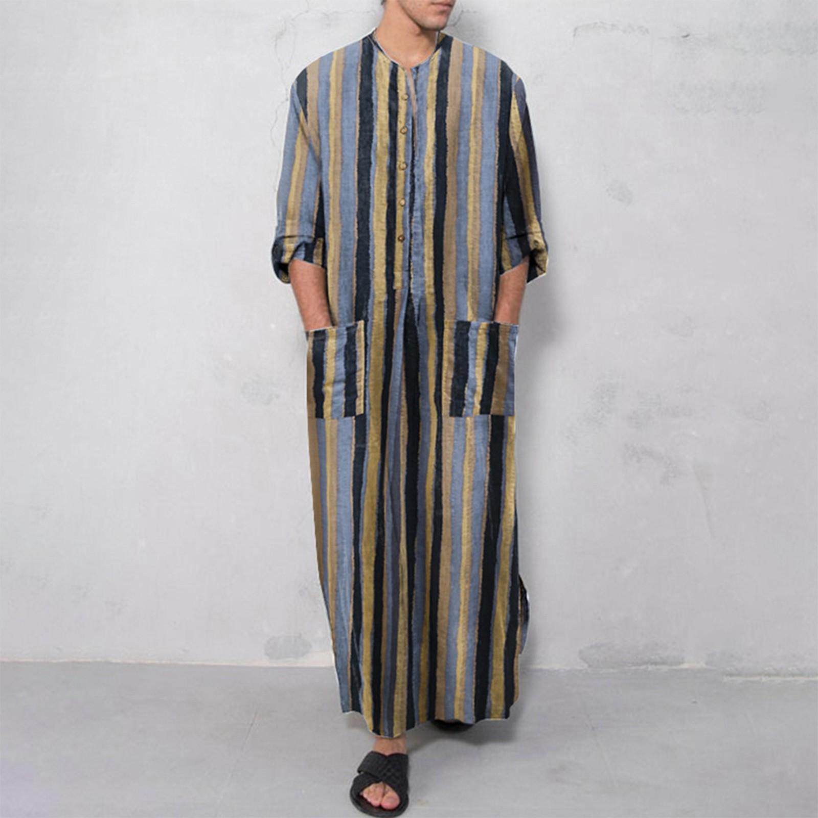 

Летняя мужская мусульманская одежда, свободный халат, полосатая рубашка на пуговицах L синий