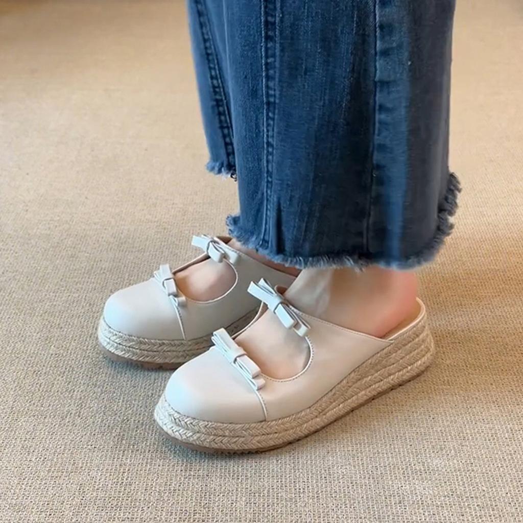 Retro Straw Woven Thick-soled Heightening Fisherman Shoes Women's Round Head Shallow Mouth Word with Bow Bag Head Sandals