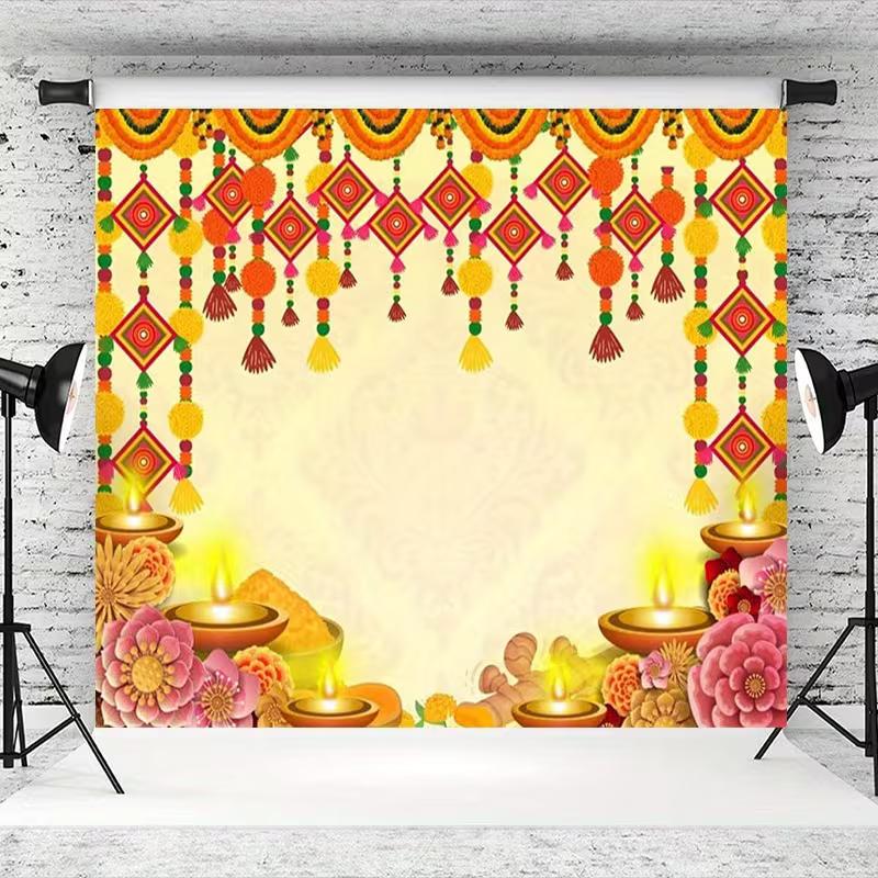 2D Traditional Hindu Puja Floral Diya Photography Background 47.2x31.5inch/120*80cm