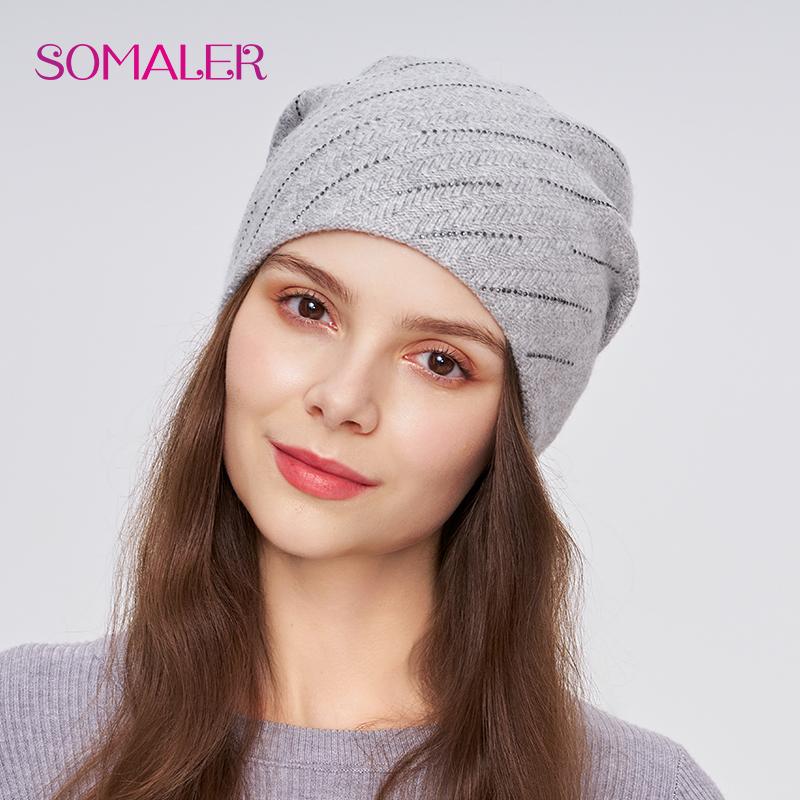 

SOMALER Женская зимняя теплая шерстяная вязаная шапка со стразами, двухслойная, толстая, повседневная, модный берет, уличная шапка One Size серый
