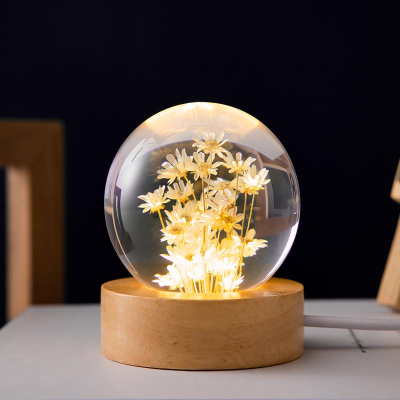 Dandelion Crystal Ball Night Light with Preserved Flower