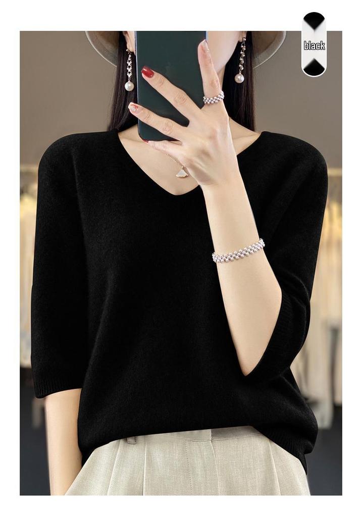 Women's 100% Pure Wool V-neck Short-Sleeve Knit T-shirt, Spring/Autumn Versatile Base Layer Sweater