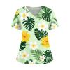 Women V Neck Medical Scrub Top Hawaiian Print Short Sleeve Nurse Uniform with Pockets Side Slits Comfortable Fit Workwear