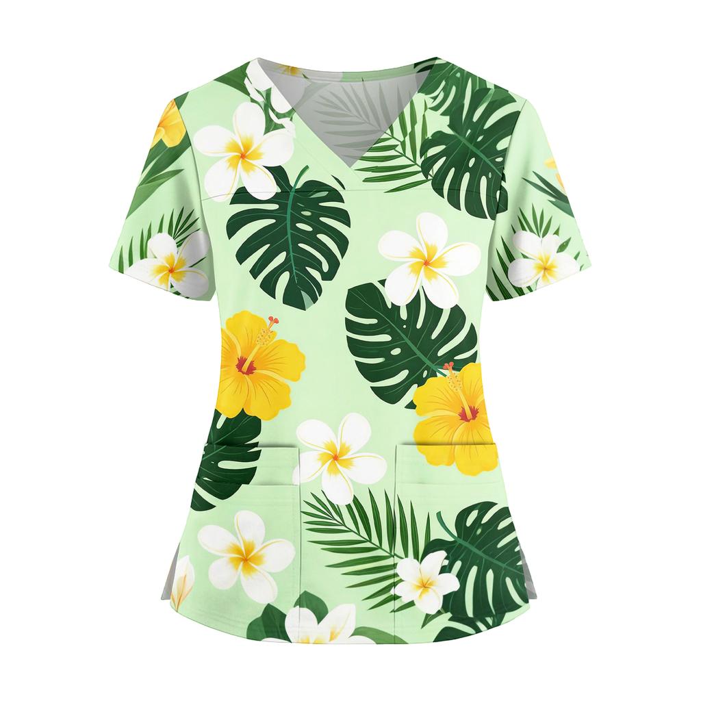 Women V Neck Medical Scrub Top Hawaiian Print Short Sleeve Nurse Uniform with Pockets Side Slits Comfortable Fit Workwear