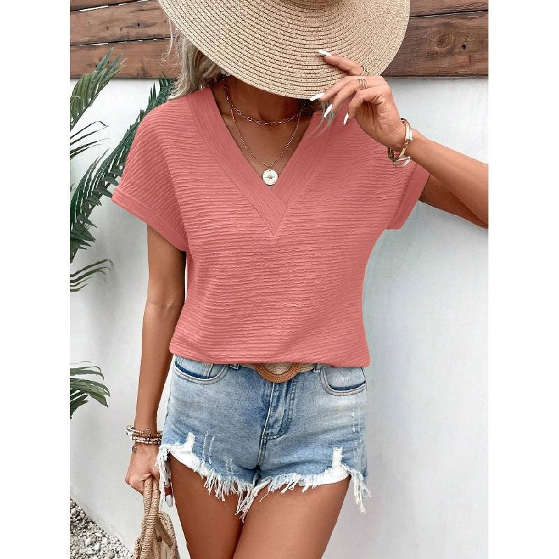 Womens Tops Summer Textured Short Sleeve V Neck T Shirts Loose Fit Fashion 2024