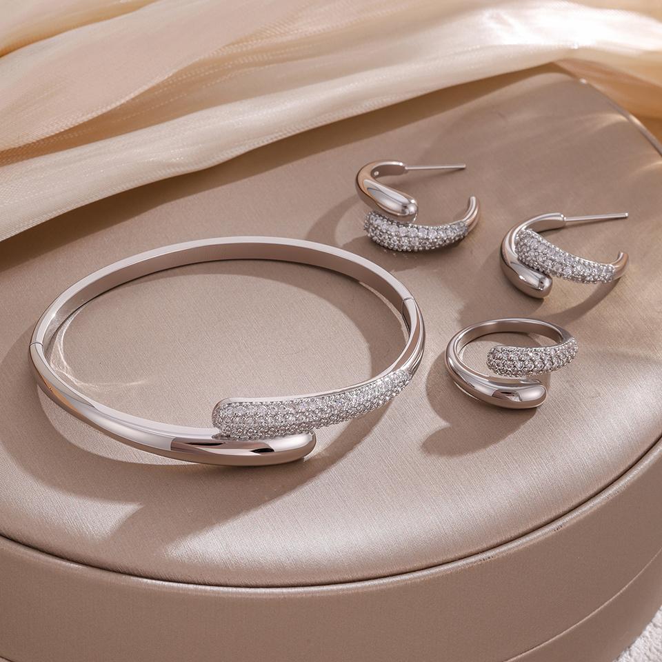 ZAKOL 3Pcs/Set Micro-inlaid Zircon Water Drop Open Bracelet Ring Earrings Set for Women Luxury Wedding Party Zircon Sets