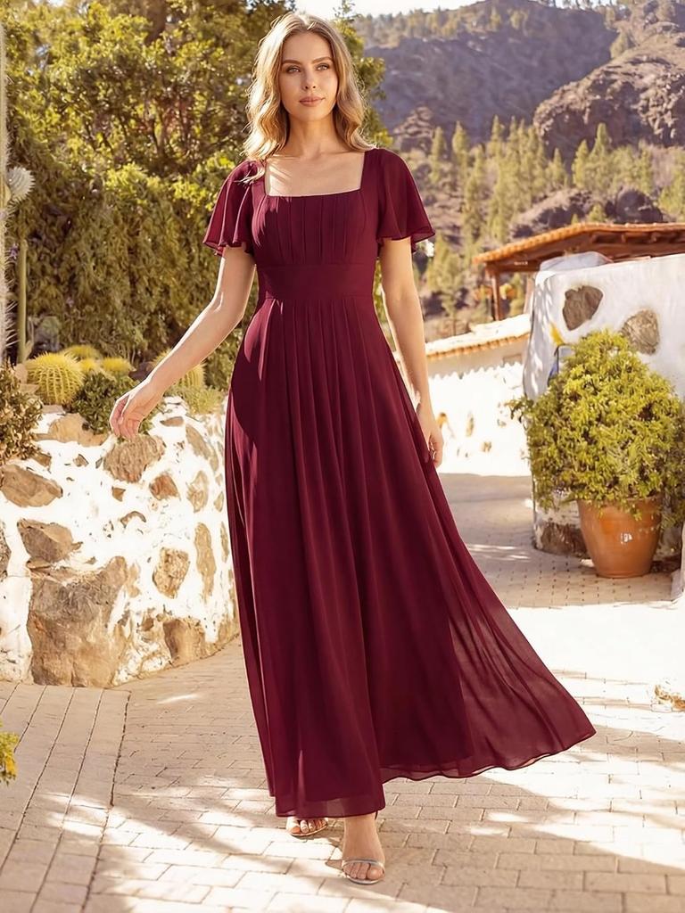 Ever-Pretty Women's Spring Short Sleeves Square Neck Chiffon Tie Back Elastic Back Waistband Formal Wedding Guest Dress Bridesmaid Dresses