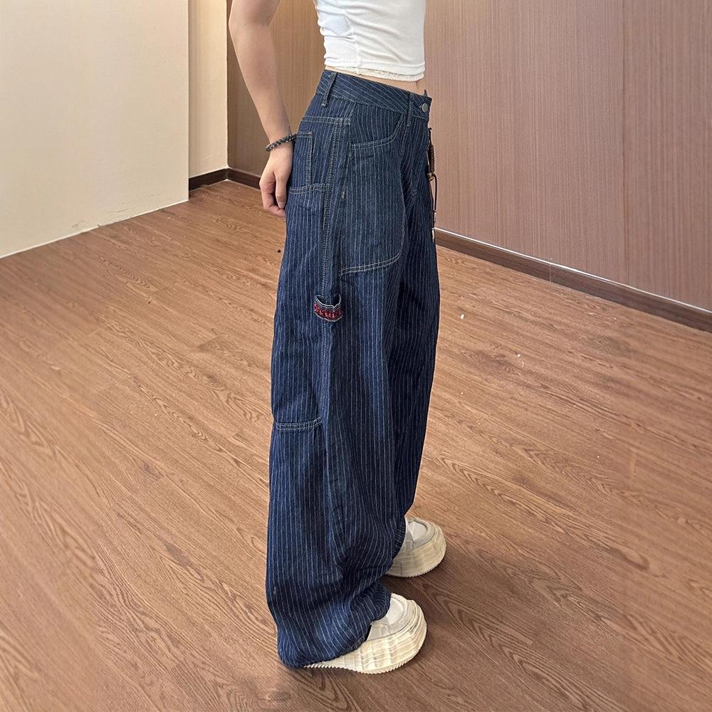 JYL Women's Cargo Jeans American Patchwork Multi-Pocket Niche Bootcut Wide-Leg Denim