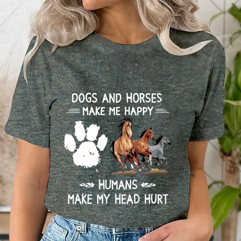 Dog Paw Wild Horses Graphics T Shirt Women Short Sleeve Shirt Dogs and Horses Make Me Happy Print Clothes Summer Female Tshirt