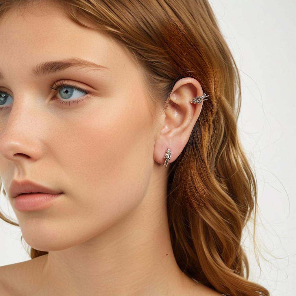 Silver dragon ear cuff with red eyes earring 925 silver