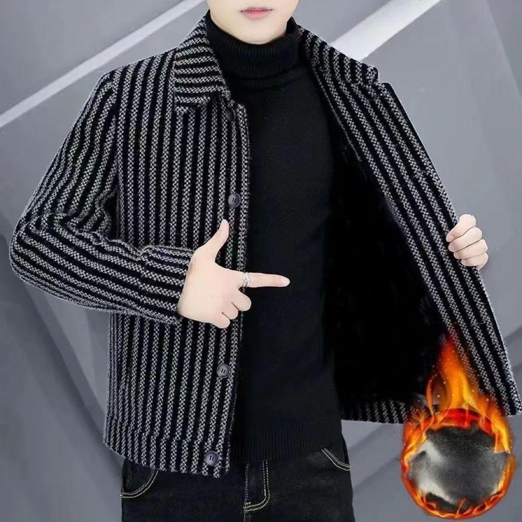

High-end and Versatile Men s Coats for Autumn and Winter, Thick Striped Woolen Coats with Fleece, Lapel Casual Jackets for Warmth 5XL