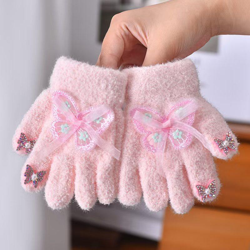 New gloves flower bow full-finger gloves autumn and winter girl finger cute warm thickened cold-proof granular velvet