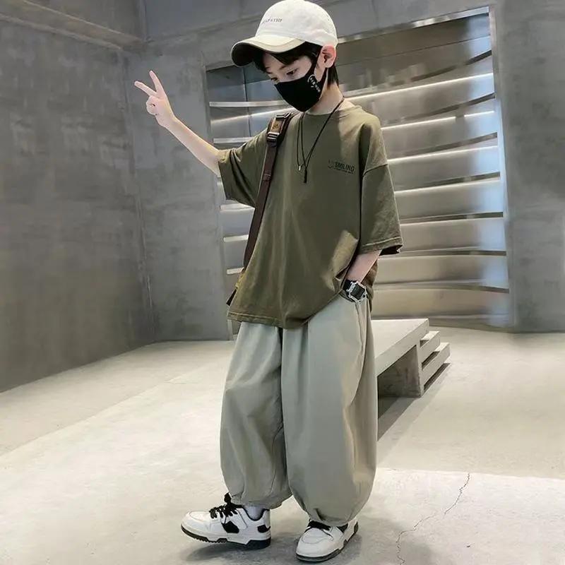 Teenager Kinder Sommer Sets für Jungen Kleidung Baumwollset Mode Kinder Locker Schönes T-Shirt+ Laternenhose Set Outfit