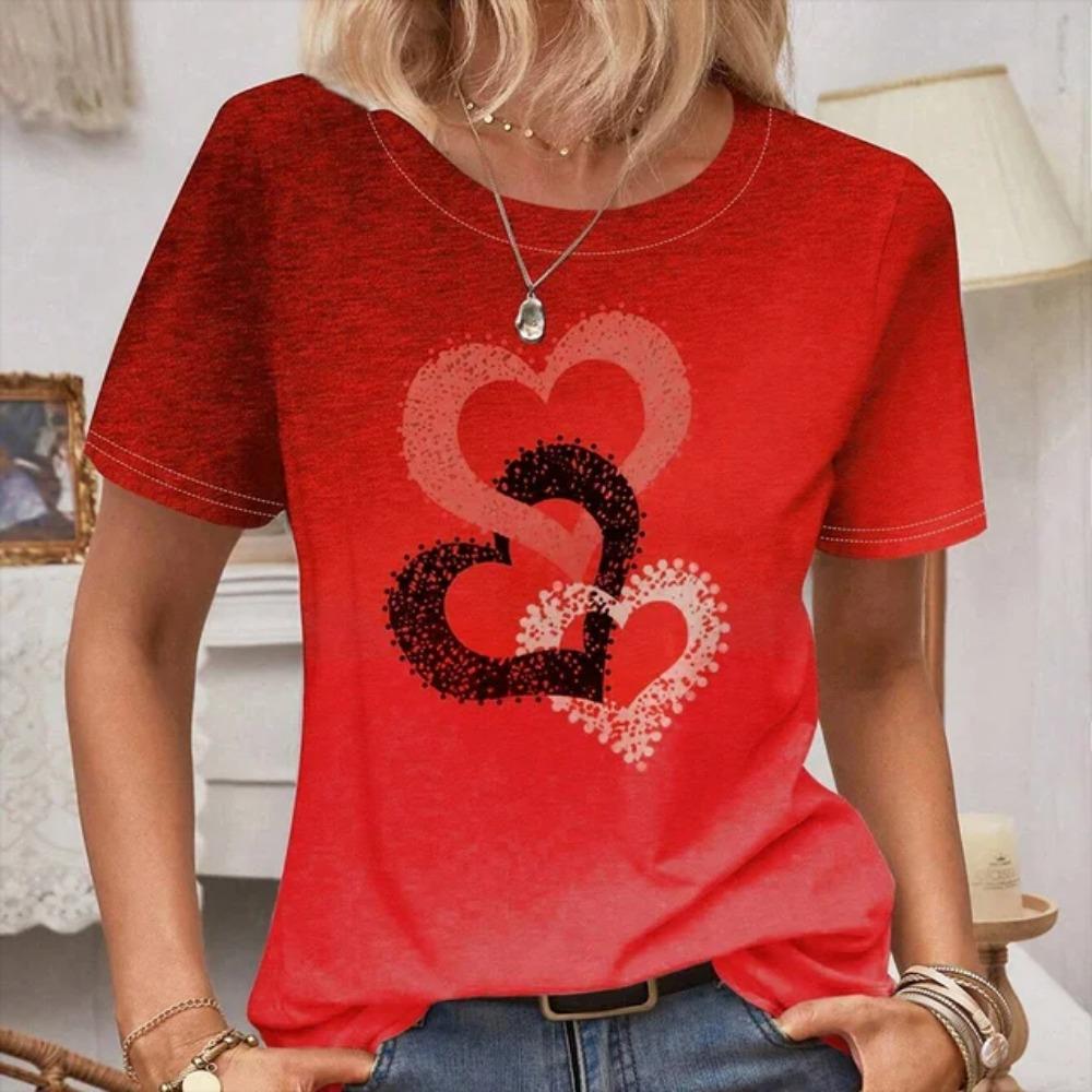 20245 Damen Rundhals Kurzarm T-Shirt Liebesmuster Top Damen Casual T-Shirt Y2K Mode Atmungsaktiv Kurzarm