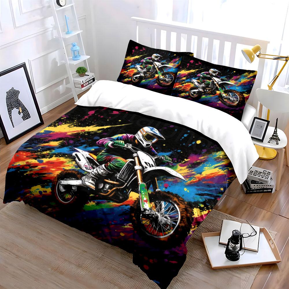 Colorful Motocross Art Prints Soft Skin-Friendly Bedding Set Includes 1 Duvet Cover And 2 Pillowcase Gift