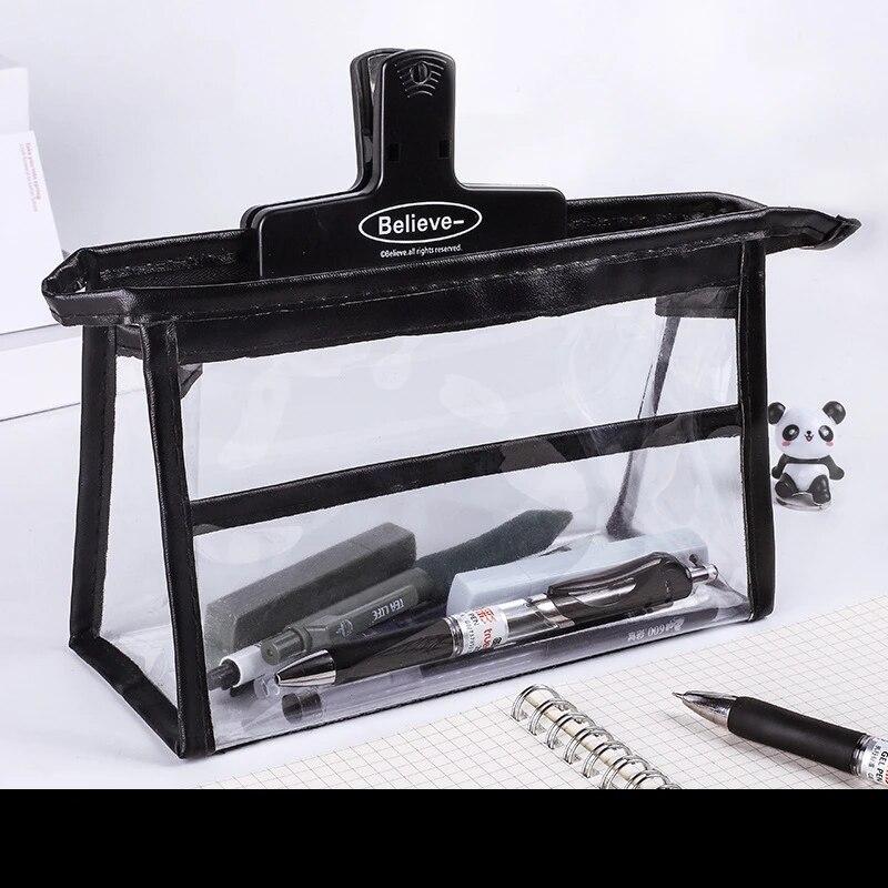 

Новый высокоэстетичный двухслойный прозрачный пенал из ПВХ для студентов, модная и минималистичная сумка для хранения канцелярских принадлежностей чёрный