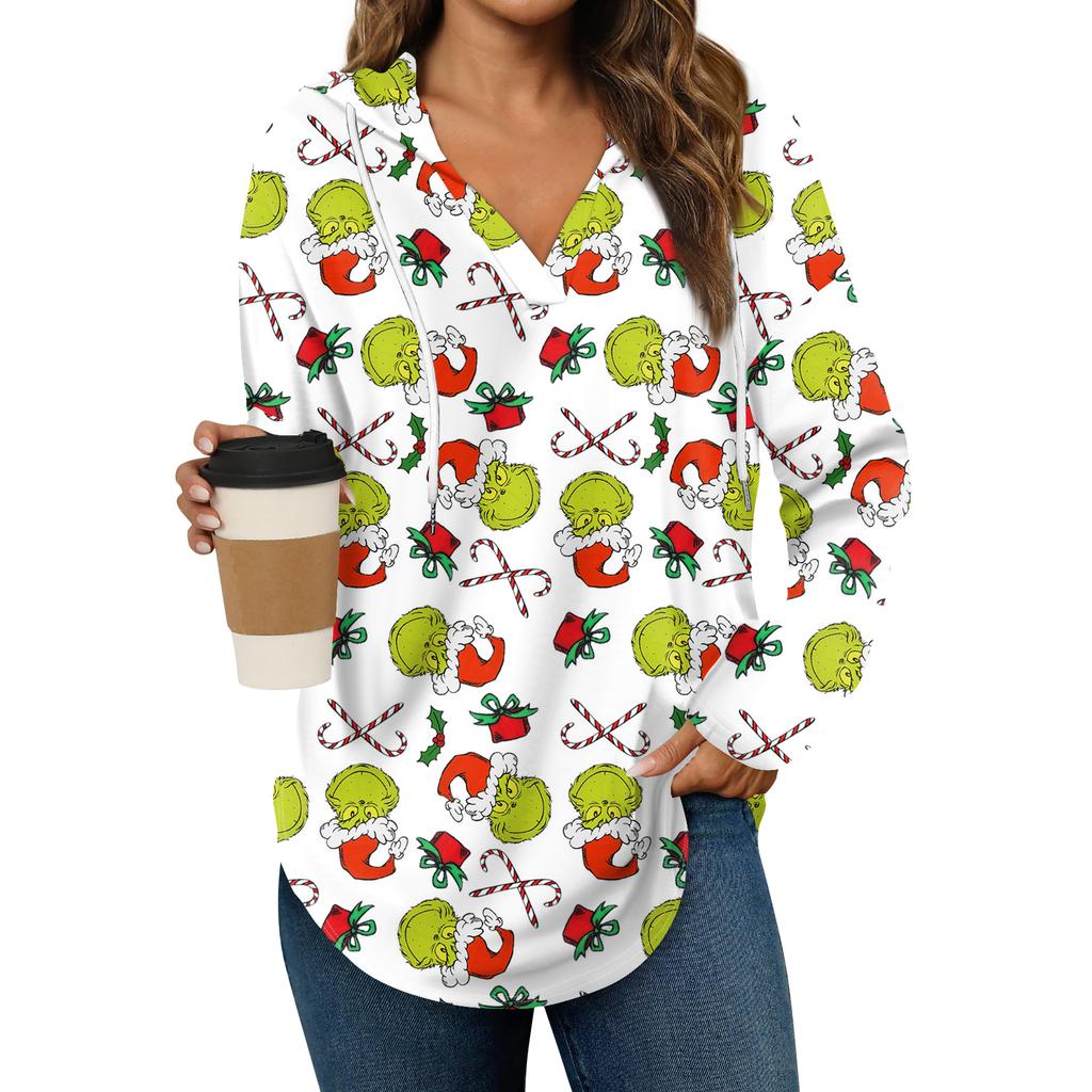 Women's Fashion Hoodies V Neck Long Sleeve Christmas Printed Drawstring Casual Loose Pullover Tops