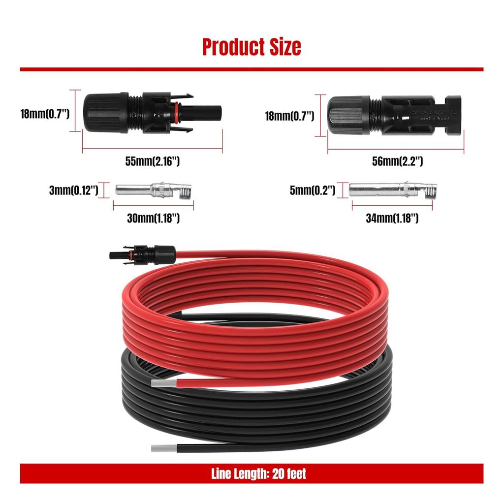 20Ft 10AWG Solar Panel Extension Cable, 10 AWG Solar Extension Cable 10 Gauge 20 Feet Solar Wire with Solar Panel Female Male Waterproof Connectors