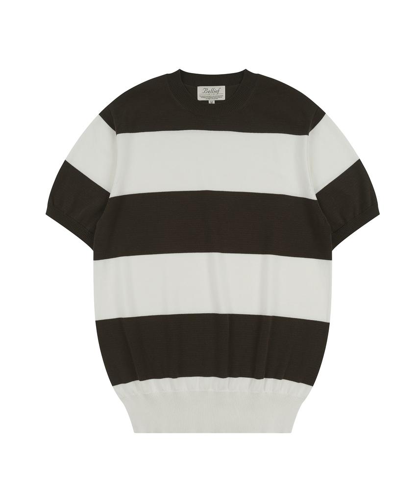 Belief Essential Hard Twist Cotton Short Sleeve Striped Knit (Ivory/Brown)