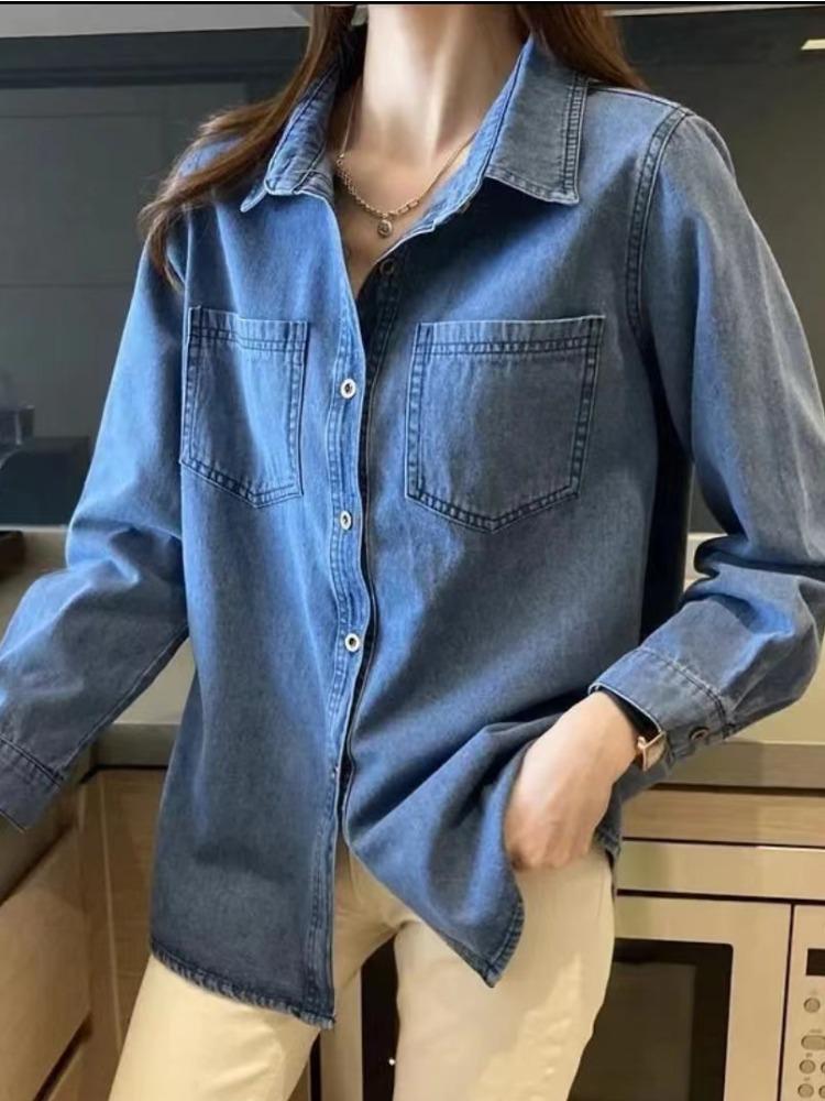 Retro Übergröße Damen Denimhemd - Hong Kong Stil, vielseitiges koreanisches Langarm-Oberbekleidungs-Top.