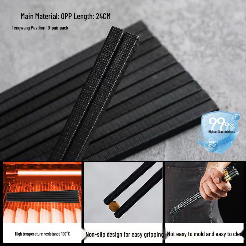 High-Temperature Resistant Black Alloy Chopsticks - Antibacterial & Non-Slip, Pack of 10 Pairs for Commercial Use. Pack of 10 Pairs