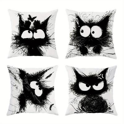 4pcs Cushion Cover Cute Black Mao Mao Cat Printed Washable Cushion Cover Halloween Themed Party Living Room Bedroom Decoration