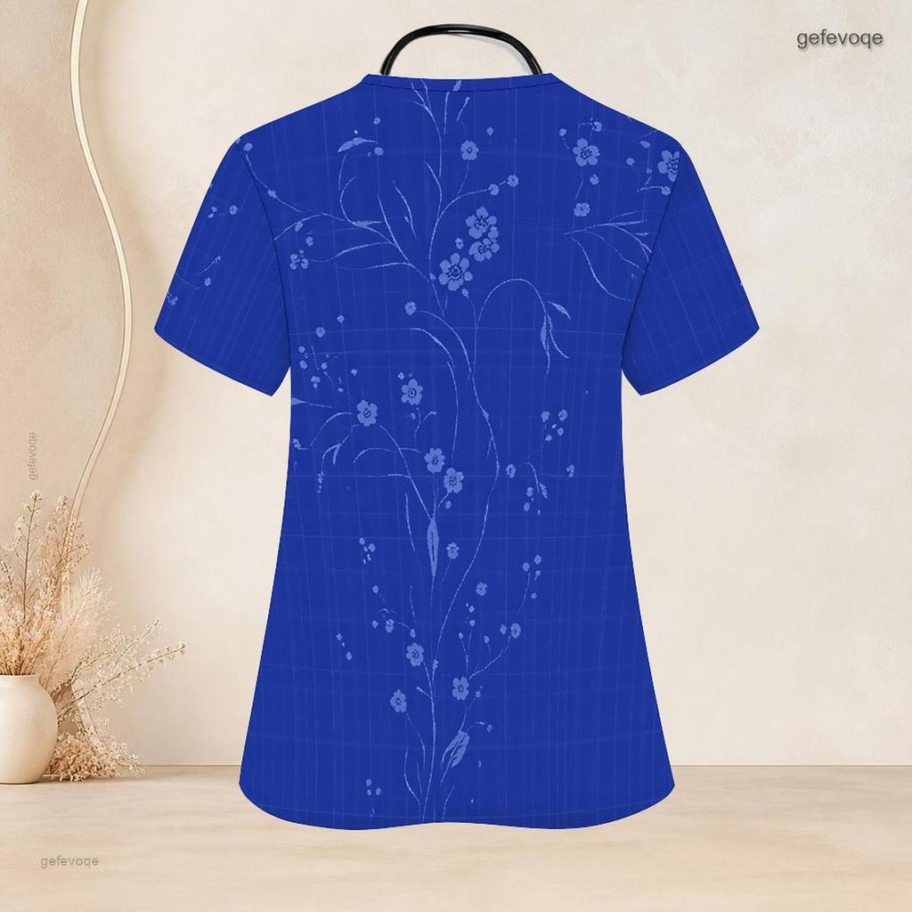 Women Plus Size Blue Printed Scrub Top Keyhole Neck Short Sleeve Nurse Uniform With Front Pockets