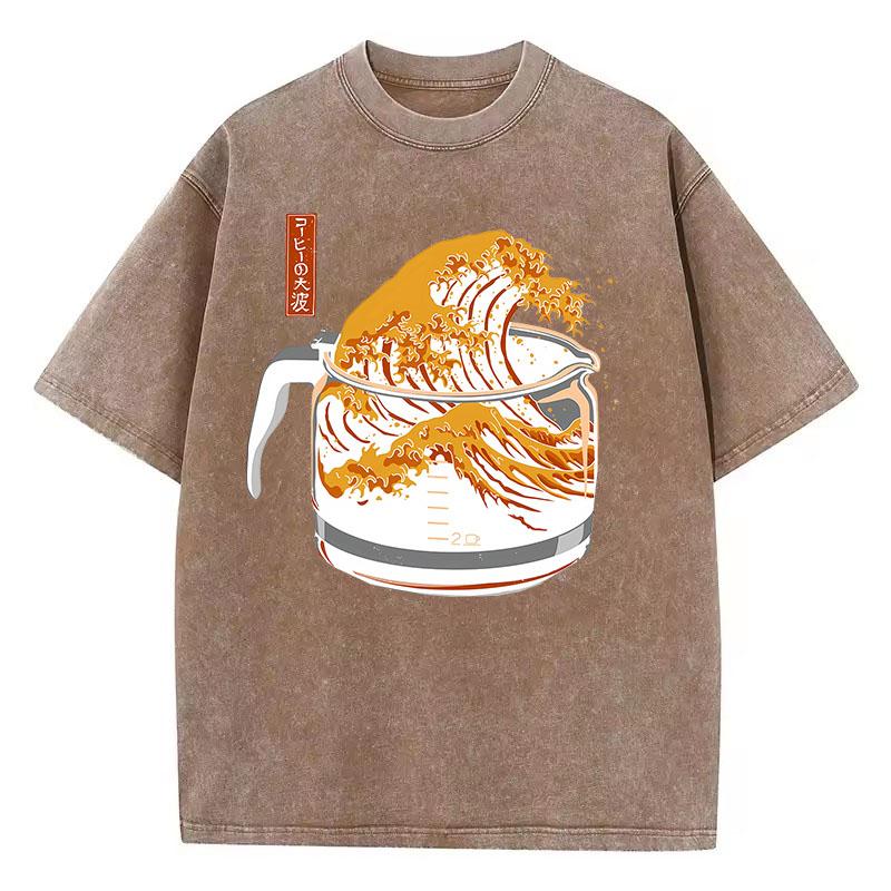 Retro T Shirt Vintage Washed Cotton T-Shirt Japanese Style Wave  Graphic Tee Casual Streetwear Spring Summer