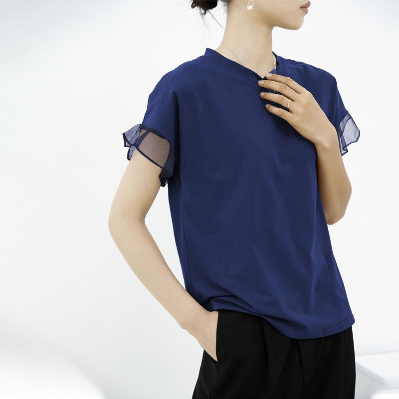 New Summer Mesh Ruffled Round Neck Cotton T-shirt for Women