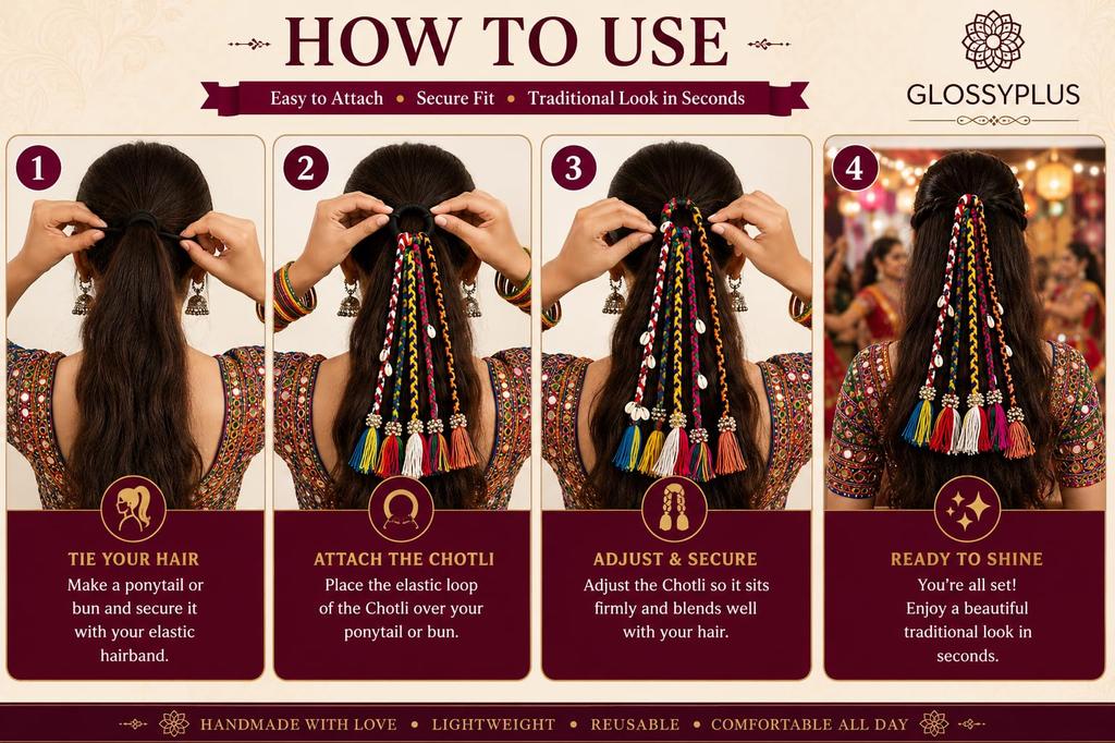 GLOSSYPLUS Navratri Look Haarzöpfe mit Gummibändern für Mädchen und Frauen, Haaraccessoire für den Alltagsstil & Regenbogenfarbene Zopf-Extensions | Boho