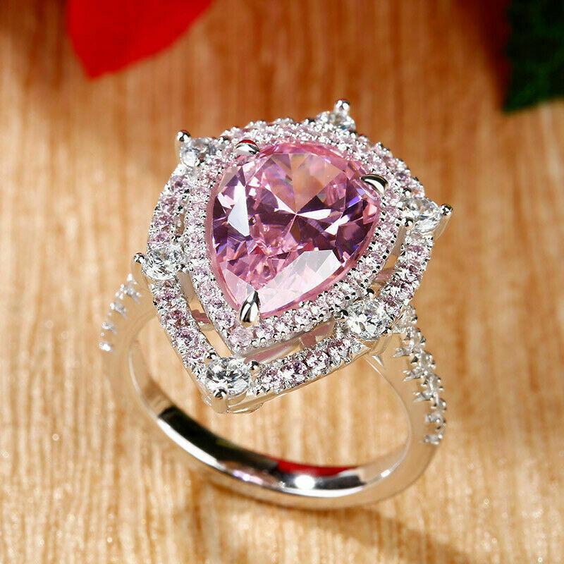 Bague de luxe légère en forme de goutte d'eau avec diamants légèrement incrustés, bague poire rose tendre pour femme