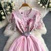 Embroidery Formal Luxury Evening Midi Dress Women Summer Beaded Peter Pan Collar Crochet Flower Hollow Out Short Sleeve Midi Dresses