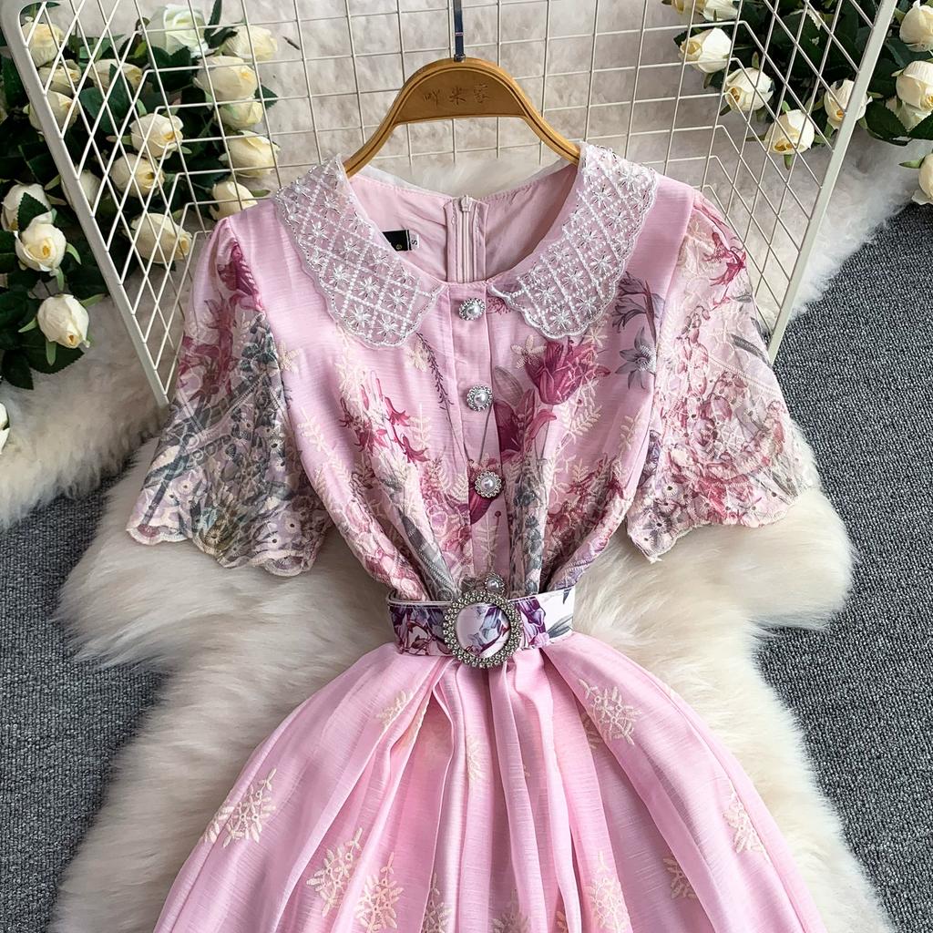 Embroidery Formal Luxury Evening Midi Dress Women Summer Beaded Peter Pan Collar Crochet Flower Hollow Out Short Sleeve Midi Dresses