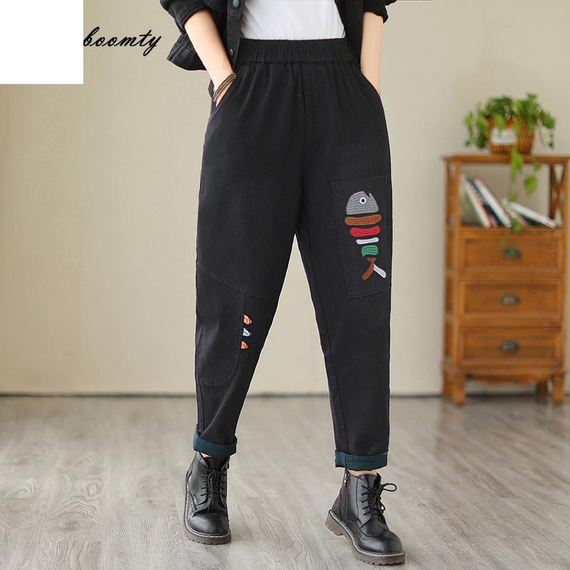 

Корейская мода осень-зима женские черные повседневные эластичные джинсы-шаровары с высокой талией и вышивкой рыбы плюс размер джинсовые брюки элегантные джинсы с карманами