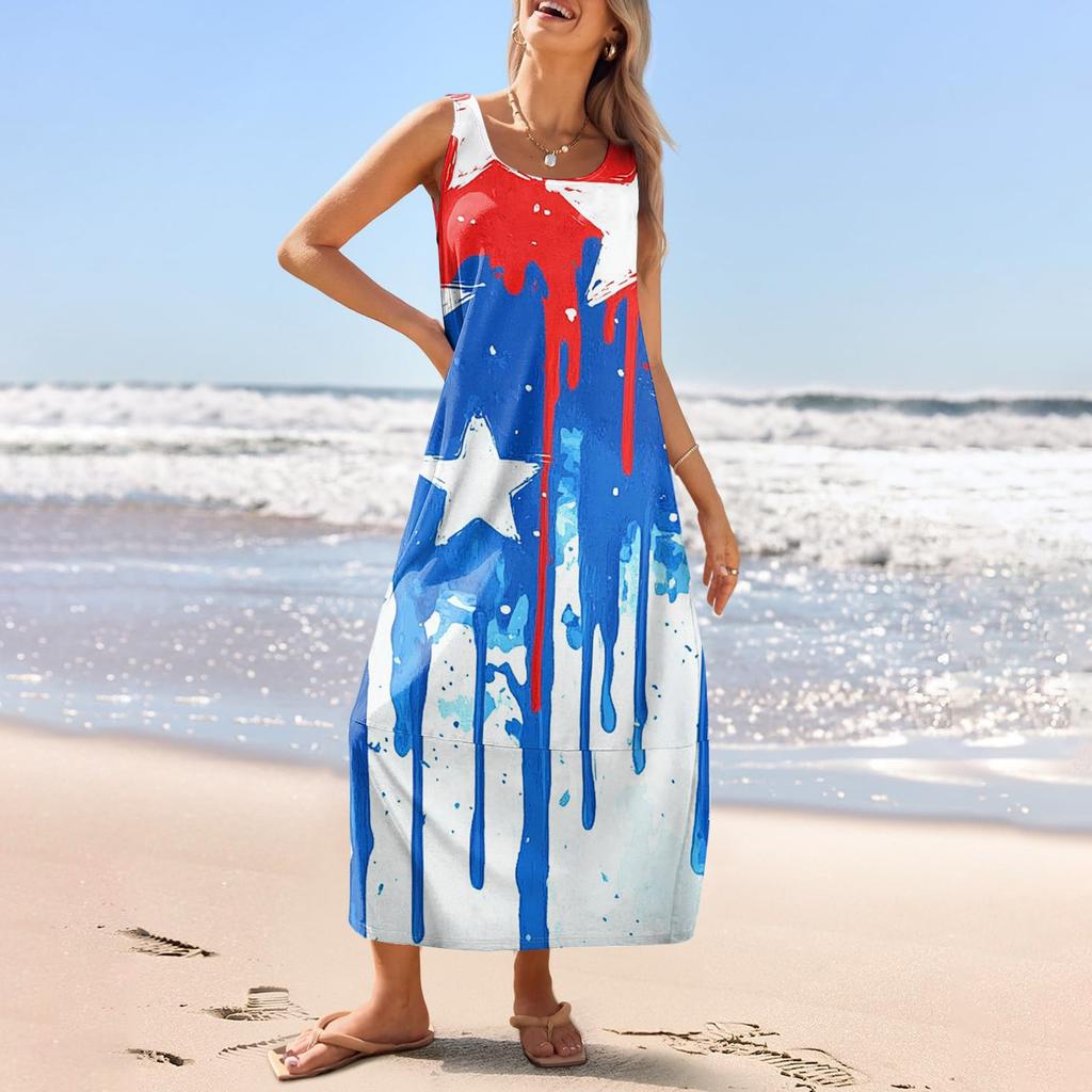 Women's Casual Long-length Sundress Summer Beach Dress Round Neck Sleeveless Loose Sundress