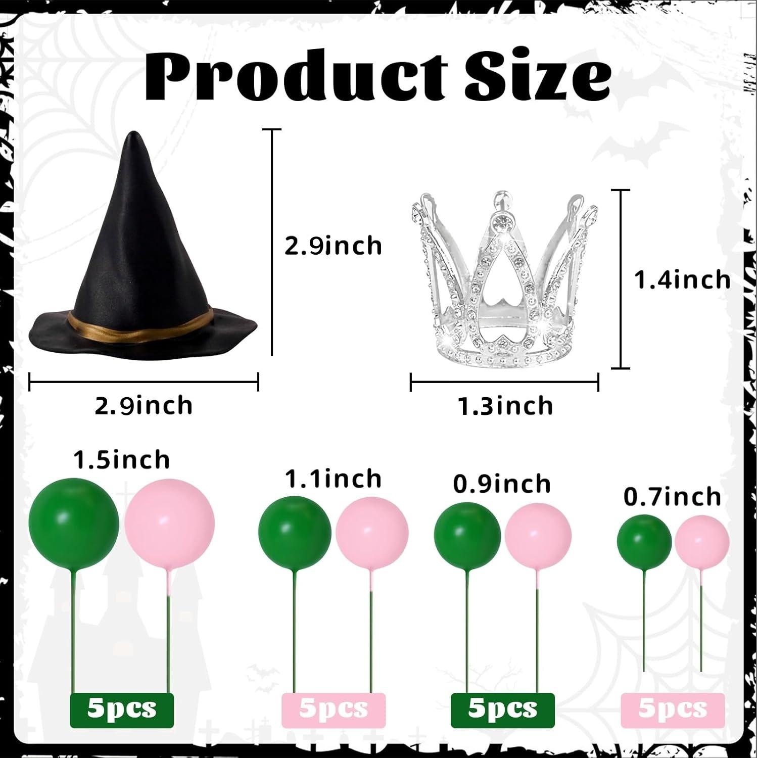

42pcs Witch Cake Topper Set, Mini Witch Hat & Silver Crown, Pink Green Foam Ball Cake Decorations for Halloween Party, Birthday