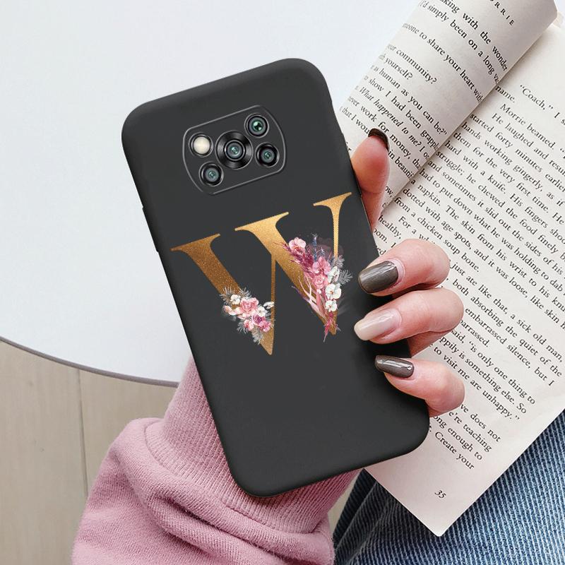 Letter Case For Poco X3 NFC PocoX3 Pro Back Cover Retro Flowers Pink Black Soft TPU Initial Fundas For Xiaomi Poco X 3 Pro Coque