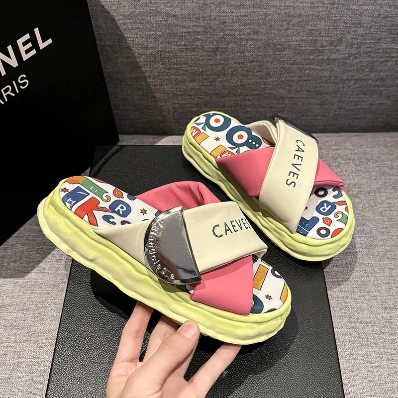 Fashion Woman Sandalias Footwear 2025 Korea Style Fashion Beach Slippers Cross-strap Female Rome Sandal Platform Buckle Summer Shoes
