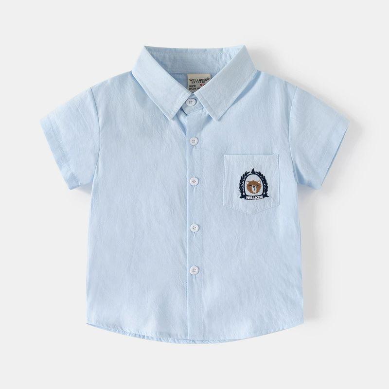 Boys  Short-Sleeved Shirts, Summer Kidsren s Clothing, Kidsren s Shirts, Lapel Shirts, Baby Boys  Half-Sleeved Bear Tops, Pure Cotton Clothes Light Blue Wheat Ear Bear Short-Sleeved Shirt 90