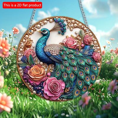 Płaski 2D 20cm 1 szt. Unikalna Korona Pawia Okrągła Drewniana Dekoracja Ścienna - Piękny Paw i Kwiaty Drewniana Zawieszka Wspaniała dekoracja domu w stylu retro