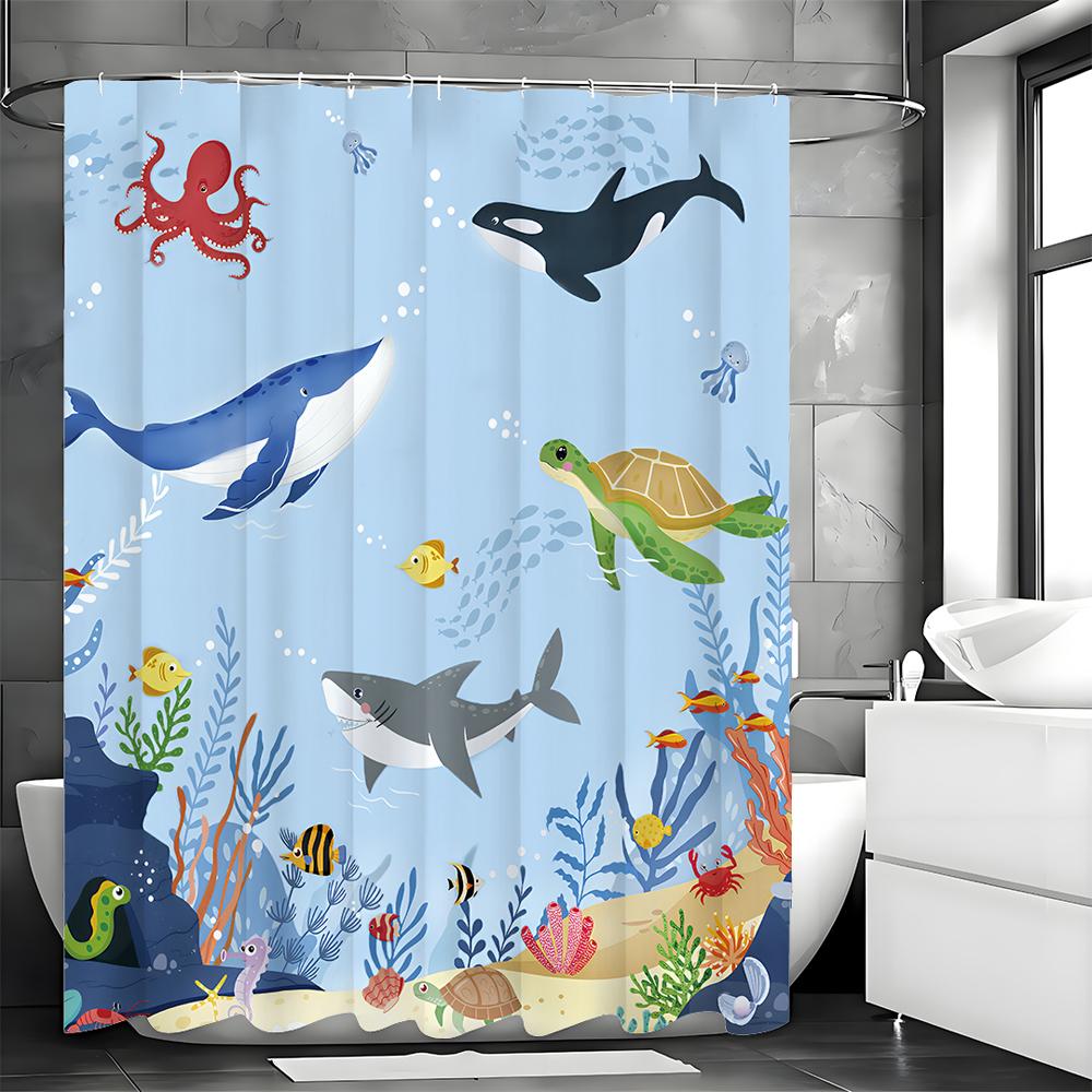 Underwater World Cartoon Whale Turtle Octopus Coral Shower Curtain, Bathroom Decorative Shower Curtain, Waterproof Shower Curtai