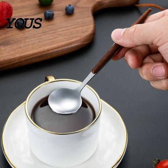 Latte Stirring Spoon Stainless Steel Coffee with Wood Grain Handle, Small Rounded Head Spoon, Rustic Teaspoon for Dessert Ice Cream, Kitchen Tool And