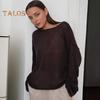 Women Knitting T-shirt Round Neck Flared Long Sleeve Hollow Tee Shirt Solid Color Loose Fit See-through Thin Knitting Tops