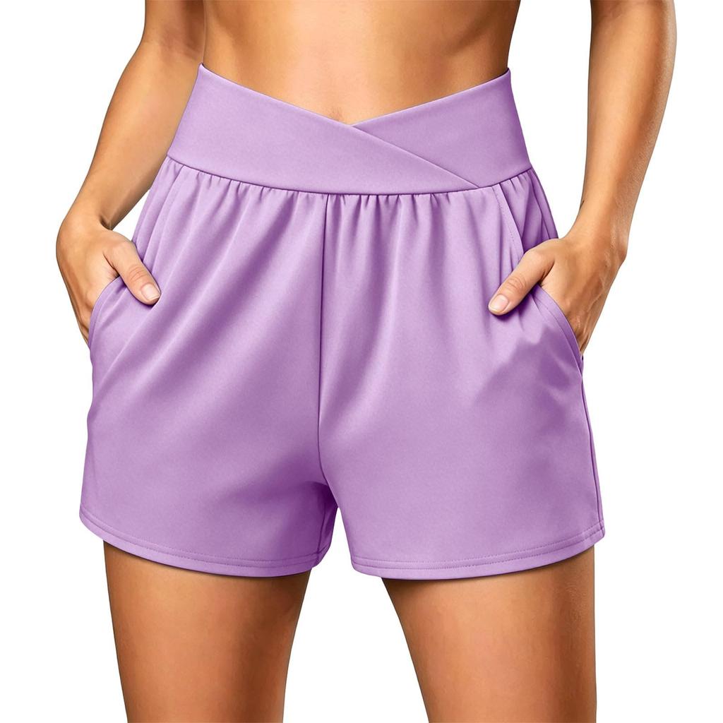 Women's Summer Casual Sport Yoga Shorts with High Waist Cross Waistband and Side Pockets Lightweight Breathable Fabric