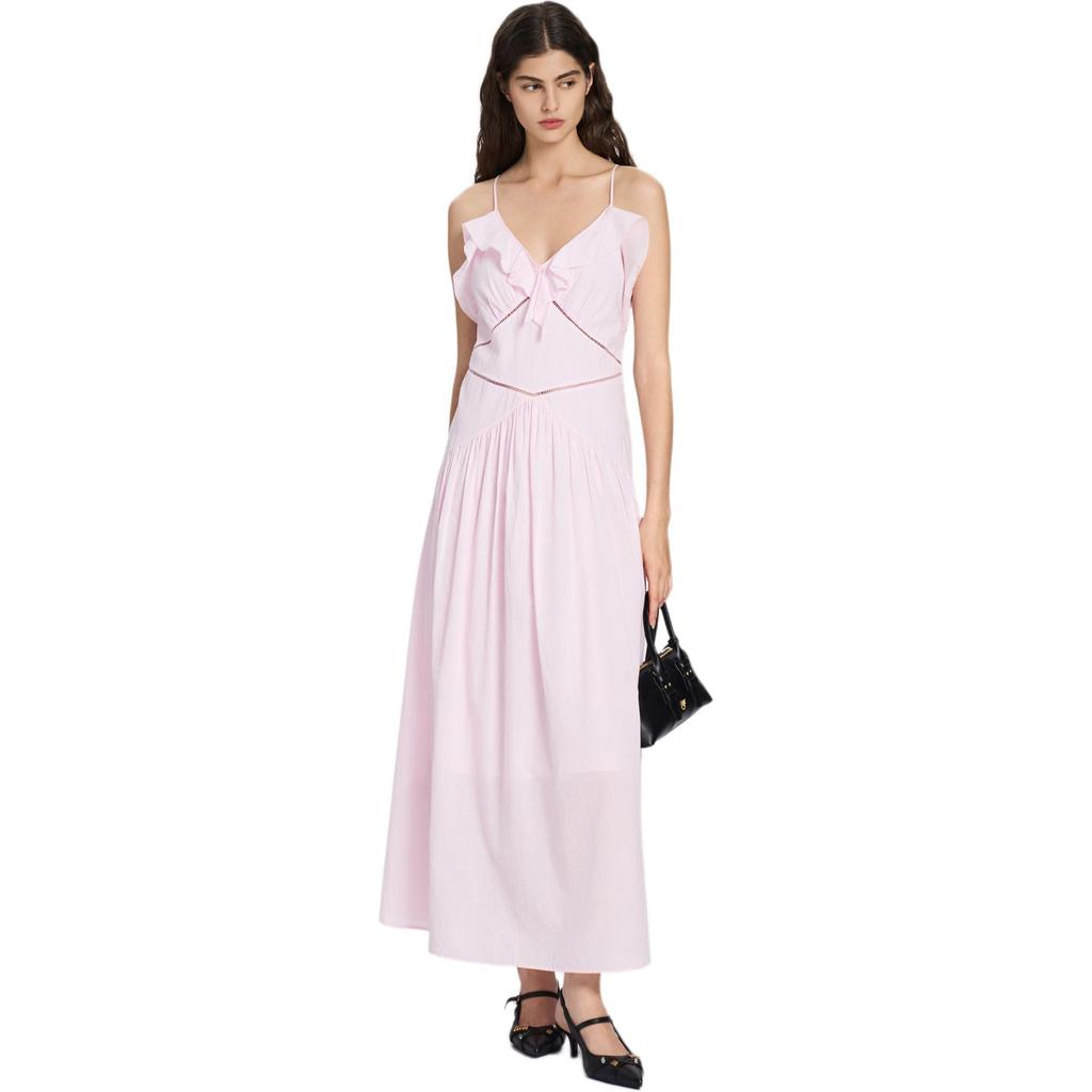 PINKO Solid Color V-Neck Ruffle Hem Midi Slip Dress Women dresses Pink PEAF261706131