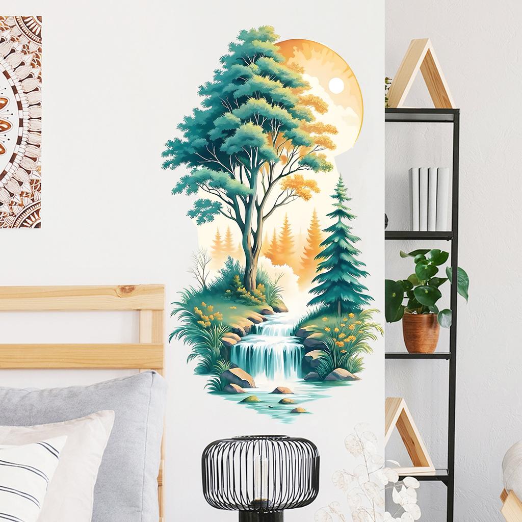 Quiet Mountains Forests Flowing Water Self-adhesive Wall Decoration Living Room Bedroom Foyer Stickers