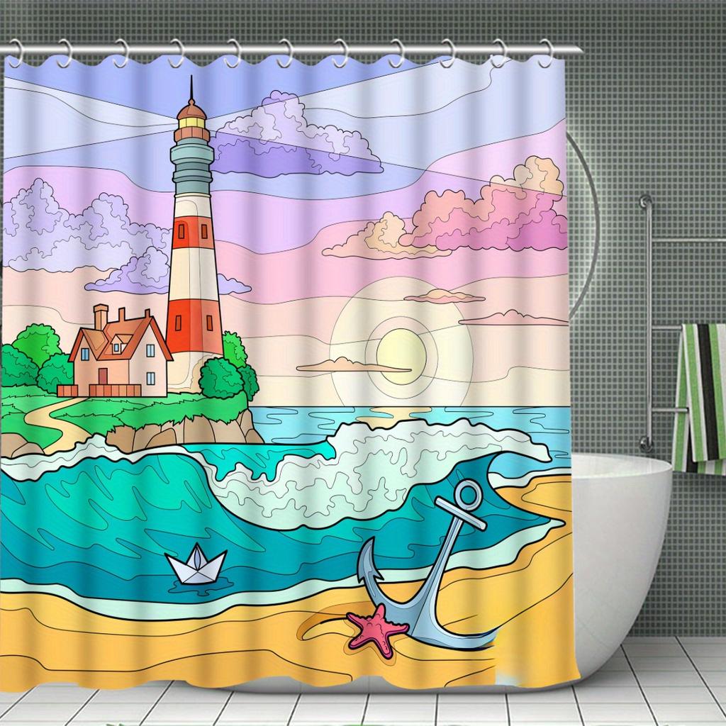 Coastal Lighthouse Bathroom Set With Shower Curtain And Rugs - Machine Washable, Includes 12 Hooks, Toilet Seat Cover, And Bath