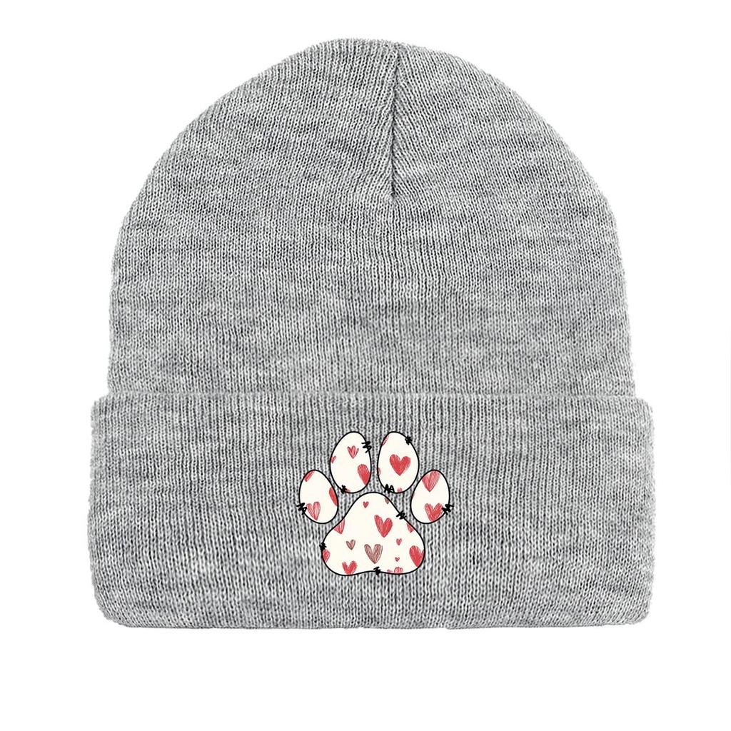 Dog Cat Paw Print Heart Knit Hat Beanie, Valentine's Day "XOXO LOVE KISS", Cozy Stylish Knitted Cap Beanie